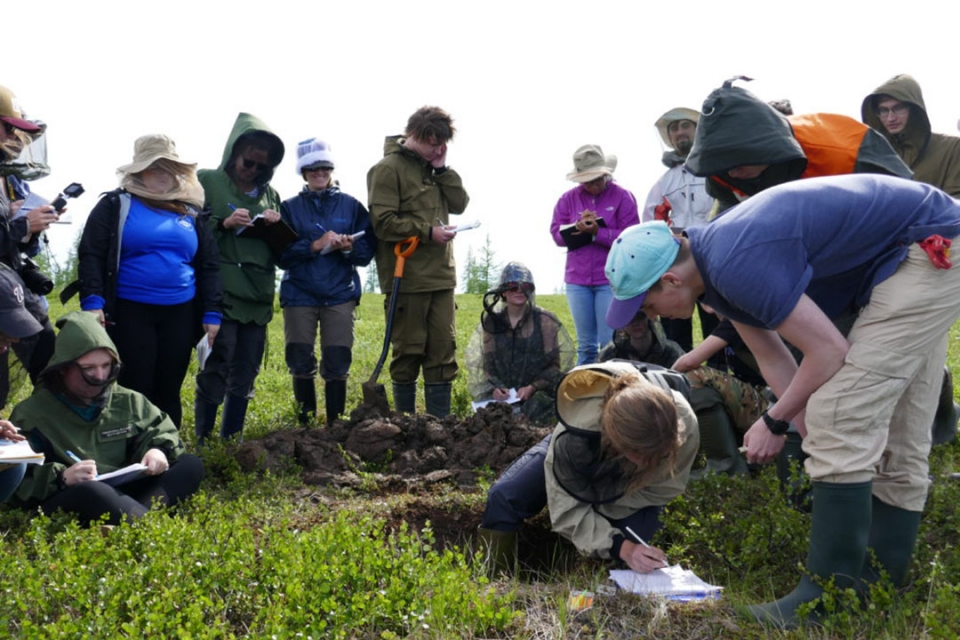 Students recording notes, standing on the grass next to a dig site 