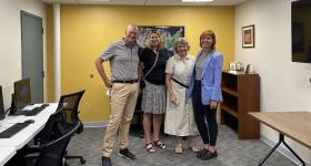 Drs David Rain and Lisa Benton-Short with Karen and Rys Young in the new computer lab, Samson Hall 304.